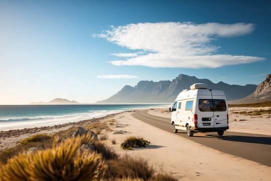 Van life concept. Driving by the beach under the sunlight on a beautiful day. Generative AI