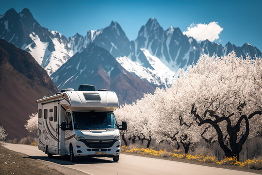 Luxury motorhome in the road surrounded by cherry blossom trees and big beautiful mountains. Spring break. Generative AI
