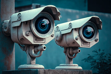 Security cameras with eye, surveillance concept. Generative AI
