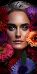 Fashion shot of blonde woman's face surrounded by colorful flowers. Generative AI Vertical