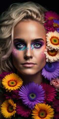 Fashion portrait of young beautiful blonde woman surrounded by multicolor gerberas flowers. Spring time concept. Generative AI Vertical