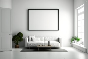 Minimalist modern living room with big canvas in blank with frame, perfect for copy space mock up. Generative AI