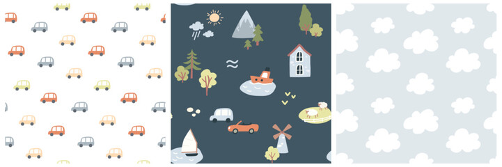 Vector colorful seamless baby pattern, print with country side, mill, mountain, cars cartoon for children, kids clothes, wear, apparel