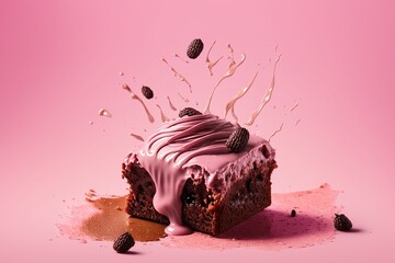 tasty brownie on pink background