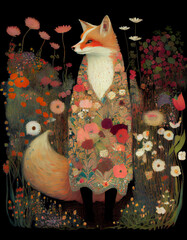 Beautiful Fox Covered in Wild Flowers Blanket. generative ai