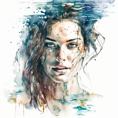 Watercolor portrait of a woman underwater, made with generative AI