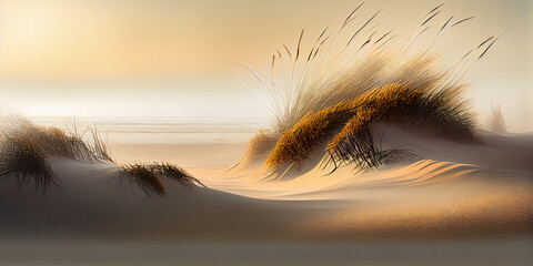 Ocean Shore Sand Dunes with Grass on a Foggy Morning. Generative ai