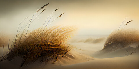 Ocean Shore Sand Dunes with Grass on a Foggy Morning. Generative ai