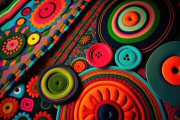 Aerial view of colorful fabric with geometric patterns and buttons. AI-generative