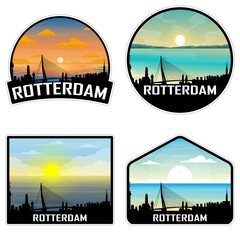 Rotterdam Netherlands Skyline Silhouette Retro Vintage Sunset Rotterdam Lover Travel Souvenir Sticker Vector Illustration SVG EPS AI