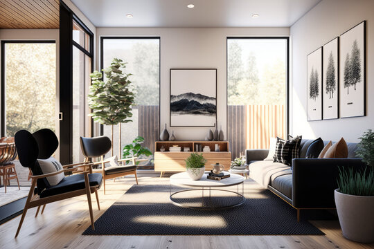 Modern 3d render of a contemporary living room interior Generative AI