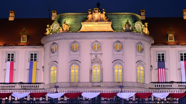 Warsaw, Poland. 21 February 2023. Ceremonial setting during President Joe Biden speech at the Warsaw Royal Castle Gardens.