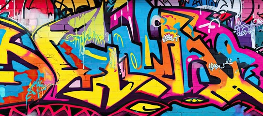 Vibrant colors come alive in this street art mural, expressing the artists creativity through a mix of text and graffiti. Full Frame, Generative AI