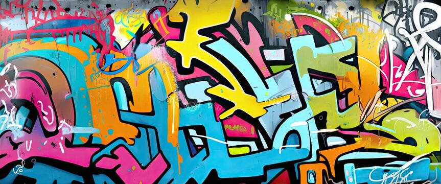 Vibrant colors come alive in this street art mural, expressing the artists creativity through a mix of text and graffiti. Full Frame, Generative AI