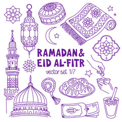 Fototapeta na wymiar Ramadan and Eid Al-Fitr hand drawn vector illustrations set. Muslim holiday's symbols - lantern, mosque, prayer beads, prayer rug. Outline stroke is not expanded, stroke weight is editable.