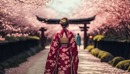 Asian woman in kimono in scenic cherry blossom garden, sakura in Japan. digital ai art - obrazy, fototapety, plakaty
