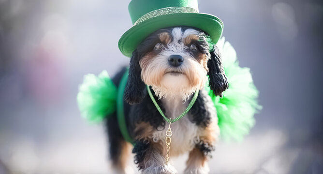 Cute dog in leprechaun hat, St. Patrick's holiday party. digital art - Powered by Adobe
