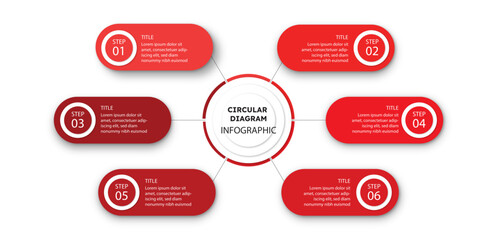 Business infographic process with red circle template design with icons and 6 options or steps. Professional inforgraphic or info chart template isolated on white background with multiple colours	