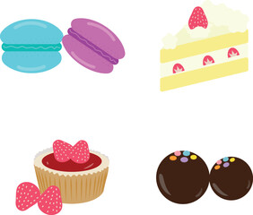 Vector desserts, macarons, strowberry cake, strowberry pie and truffles