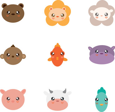 Vector cute vector animals, lion, monkey, cow, pig, fish, sheep, hippo and pigeon