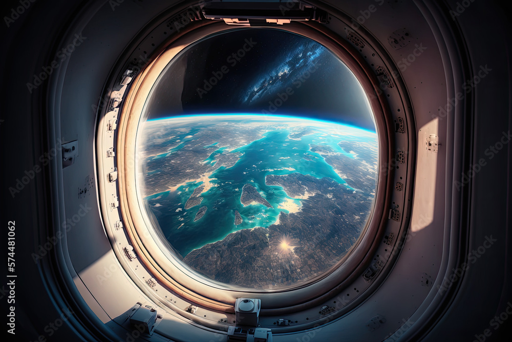 Poster view of earth from a space station in space. generative ai