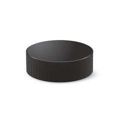 Vector black rubber puck for play ice hockey isolated on white background. Hard round disk, sport equipment, inventory for winter team game on skating rink