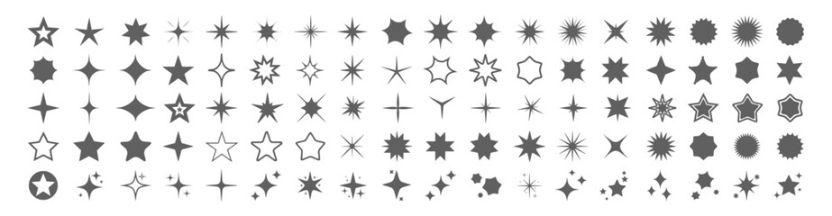 Star icons vector set. Different black sparkles. Twinkling stars, shining burst. Christmas vector symbols isolated on white background