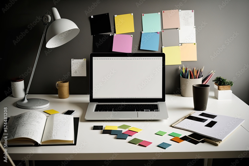 Poster a laptop with lots of notepads and sticky notes. generative ai
