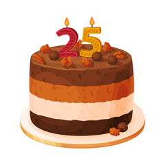 Candle on birthday cake with 25 number age. Festive dessert burning number shaped candle cartoon vector illustration