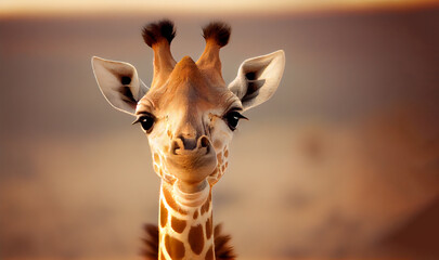 Cute little giraffe with happy face looking straight forward. Generative AI.
