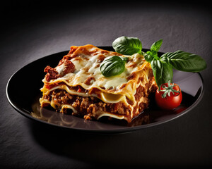 Fototapeta premium Lasagna on a plate with tomato and basil. Generative AI.