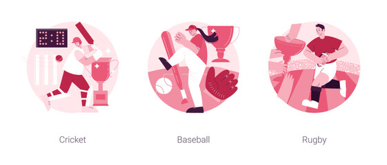 Team sport abstract concept vector illustration set. Cricket, baseball and rugby, playground field, play ball, sport game, world cup league, athletic stadium, sports betting abstract metaphor.