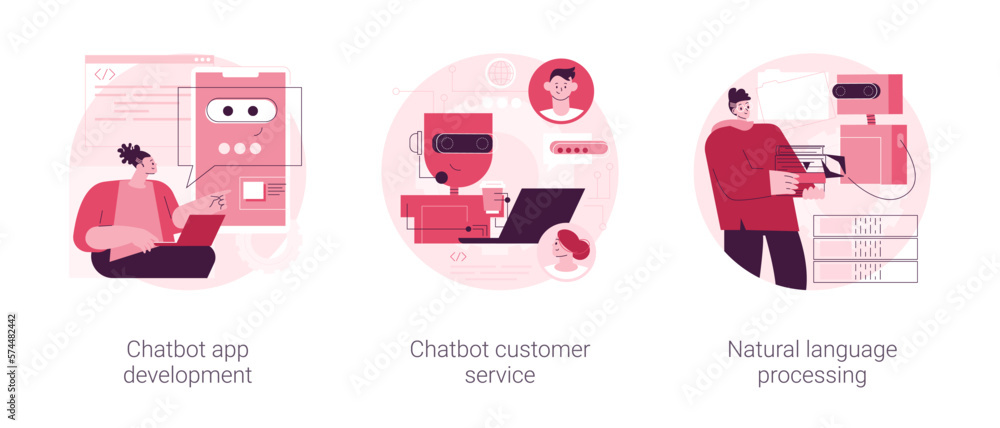 Poster ai programming abstract concept vector illustration set. chatbot app development, customer service, 