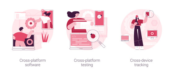 Multi platform framework abstract concept vector illustration set. Cross-platform software testing, cross-device tracking, application development, operating system, analytics abstract metaphor.