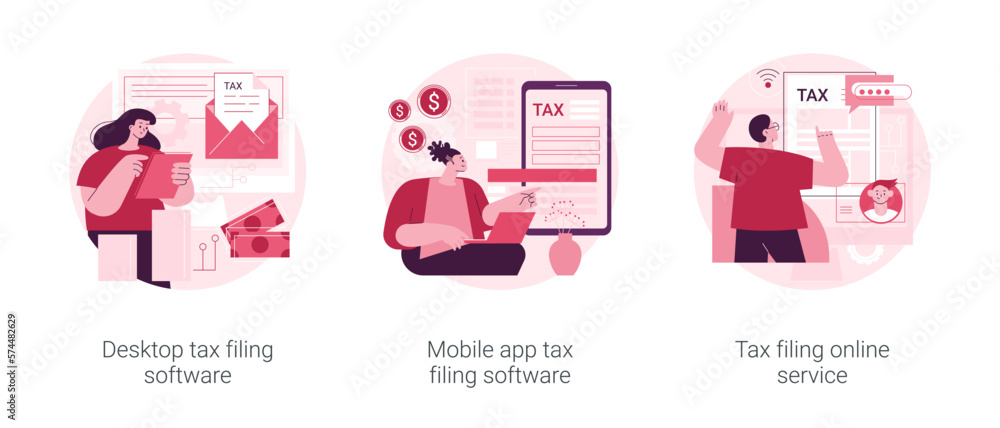 Poster tax software program abstract concept vector illustration set. desktop tax filing software, mobile a