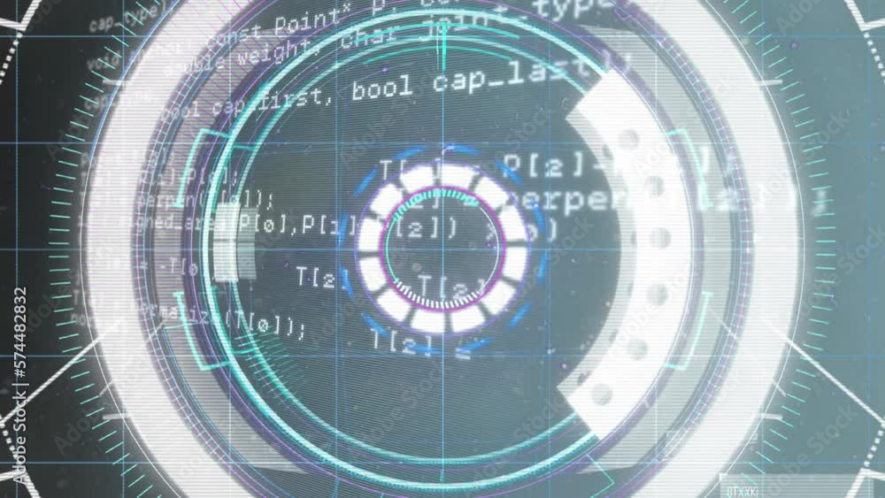 Poster animation of glitch effect over neon round scanner and data processing against grey background