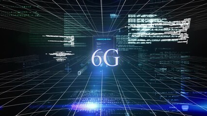 Animation of 6g text banner, blue light spots and screens with data processing on black background