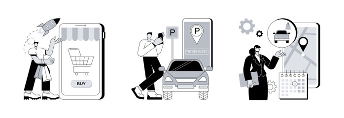 Covid19 business abstract concept vector illustration set. Start and launch your online store, reserve parking space, curbside pickup, set pickup service, employee safety abstract metaphor. © Vector Juice