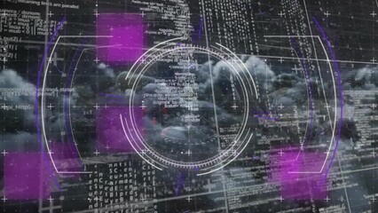 Animation of glitch effect and scope scanning over data processing against dark clouds - Powered by Adobe