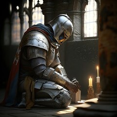 Knight praying in a monastery. Generative AI  - obrazy, fototapety, plakaty