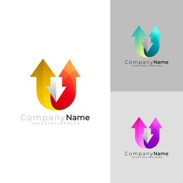 Letter U logo and arrow design template, 3d colorful logos