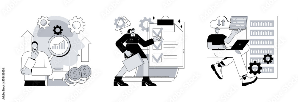 Aufkleber enterprise strategy development abstract concept vector illustration set. business intelligence and 