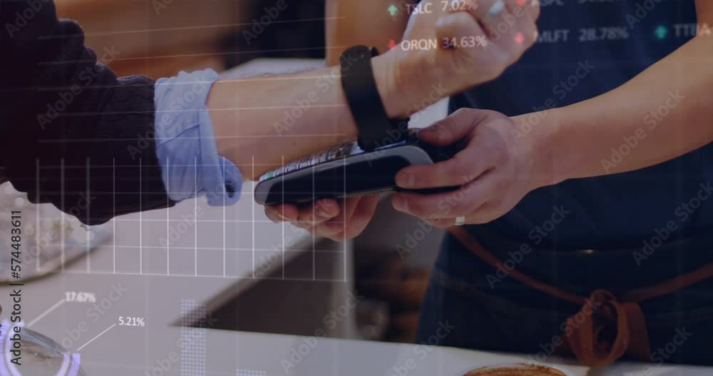 Poster animation of data processing over mid section of man using smartwatch to make payment at a cafe