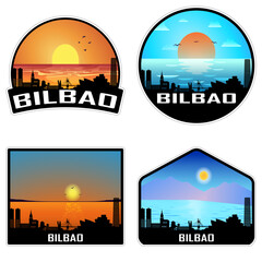Bilbao Spain Skyline Silhouette Retro Vintage Sunset Bilbao Lover Travel Souvenir Sticker Vector Illustration SVG EPS AI