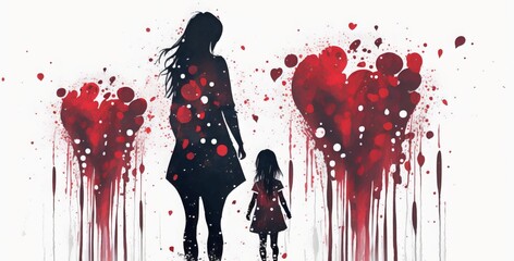 Obraz na płótnie Canvas Watercolor illustration of mother and daughter or son surrounded by hearts. White background. AI generated. Mothers day Concept.