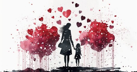 Fototapeta na wymiar Mothers day Concept. Watercolor illustration of mother and daughter or son surrounded by hearts. White background. AI generated. 