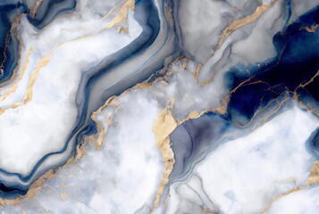 Fototapeta premium White marble with gold and blue agate surface abstract background. Decorative acrylic paint pouring rock marble texture. Horizontal natural black and gold abstract pattern.