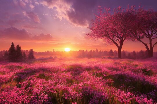 Beautiful spring sunrise. Generative AI © Mother