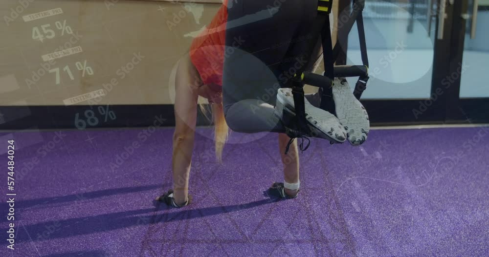 Poster animation of statistical data processing over caucasian woman performing abs exercise at the gym