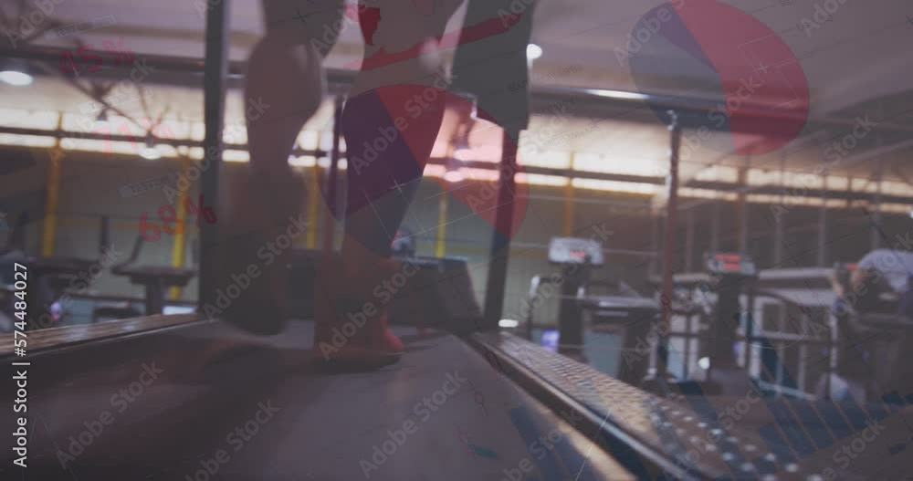 Poster Animation of statistical data processing over low section of man running on treadmill at the gym